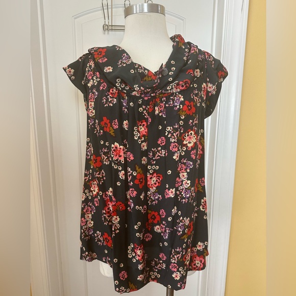 Odille Anthropologie Women's 100% Silk Dark Teal Floral Cowl Neck Shirt Size 12 - Picture 1 of 8